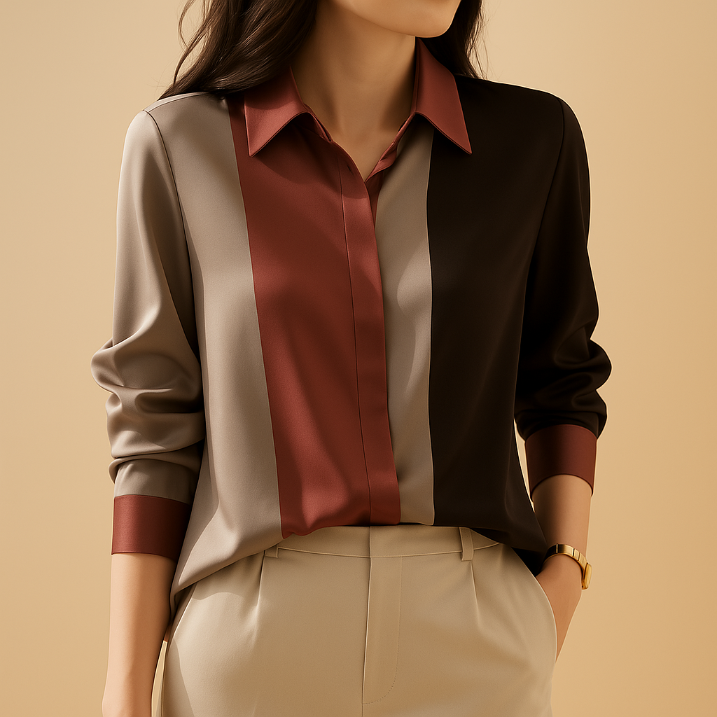 Women’s satin patchwork stripe blouse with a classic collar and loose fit, ideal for fall outfits, workwear, and elegant casual looks.