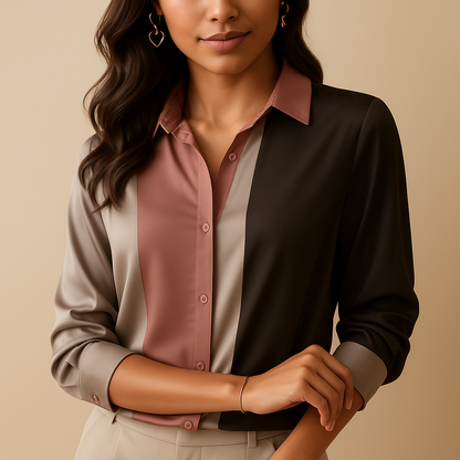 Women's Satin Blouse Patchwork Stripe Collar - VibreMode
