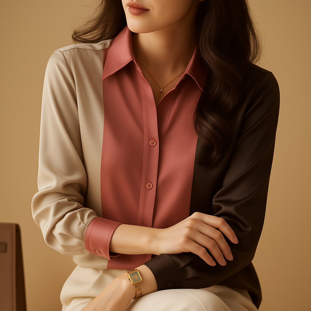 Women’s satin patchwork stripe blouse with a classic collar and loose fit, ideal for fall outfits, workwear, and elegant casual looks.