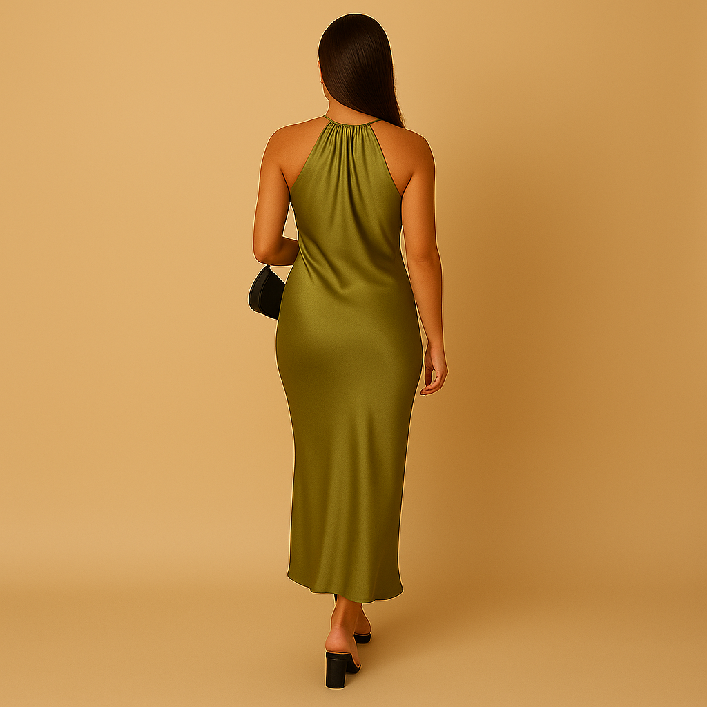 Women’s green satin wrap dress with long sleeves and elegant silhouette, perfect for weddings, evening parties, and formal occasions.