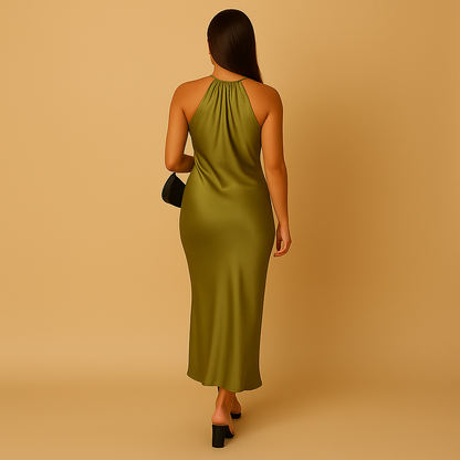 Women’s satin wrap long sleeve dress in green with an elegant fit, perfect for weddings, parties, and special occasions.