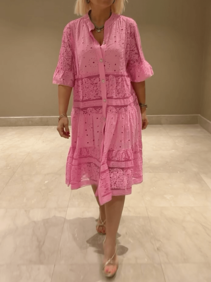 Women's Casual Midi Dress Short Sleeves Button Front - VibreMode