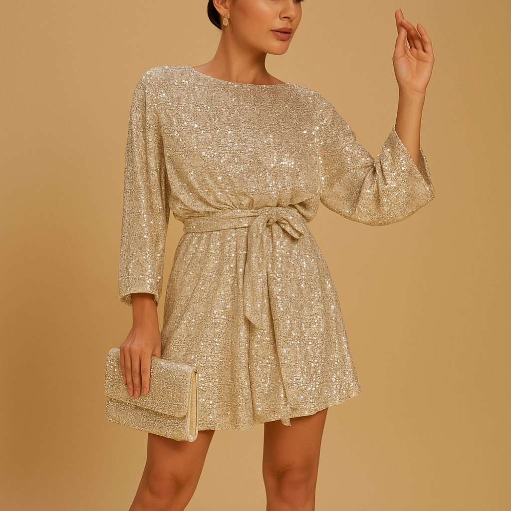 Women’s sequin party dress with ruffle details and flattering fit, perfect for galas, parties, celebrations, and elegant evening occasions.