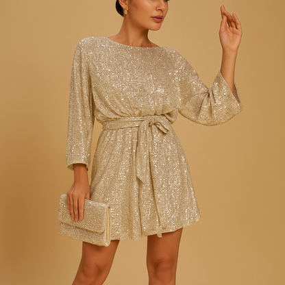 Women’s sequin party dress with ruffle details and flattering fit, perfect for galas, parties, celebrations, and elegant evening occasions.