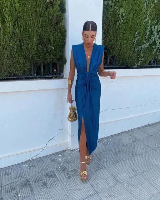 Women's V-Neck Maxi Dress Pleated