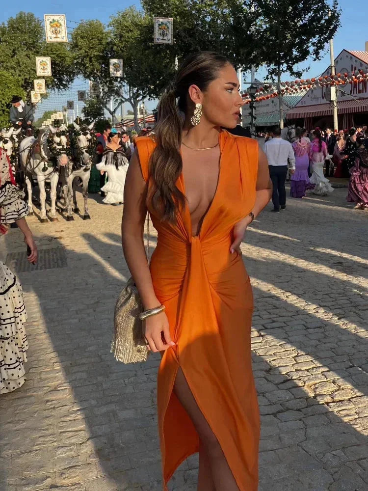 Women's V-Neck Maxi Dress Pleated
