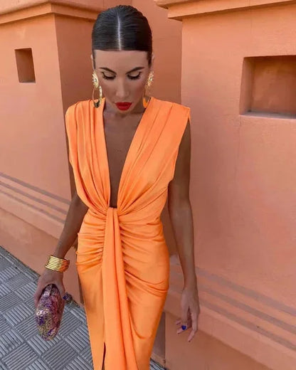 Women's V-Neck Maxi Dress Pleated