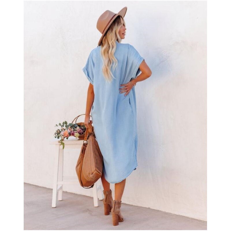 Women's Denim Midi Dress Button-Down Blue