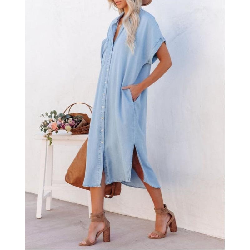 Women's Denim Midi Dress Button-Down Blue