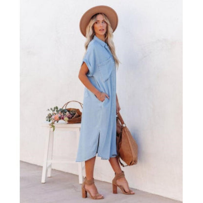 Women's Denim Midi Dress Button-Down Blue