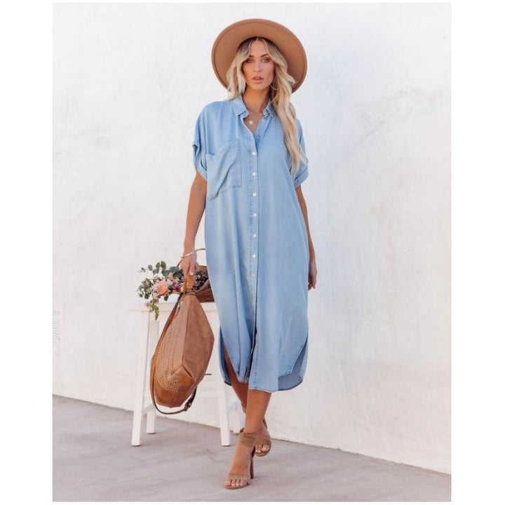 Women's Denim Midi Dress Button-Down Blue