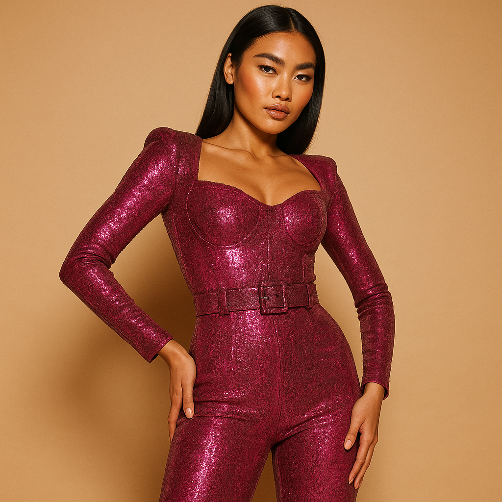 Woman wearing a shiny long-sleeve jumpsuit with a deep neckline and slim-fit legs, perfect for elegant evening events.