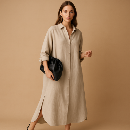 Women’s shirt dress with a loose fit and button-down design, perfect for spring and summer, casual outings, and stylish everyday wear.