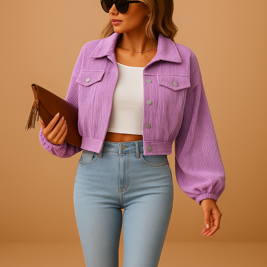 Short corduroy jacket for women with ribbed texture, silver buttons, chest pockets, and a modern silhouette, perfect for layering in any season.