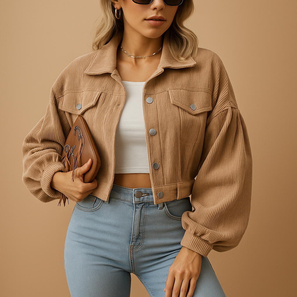 Short corduroy jacket for women with ribbed texture, silver buttons, chest pockets, and a modern silhouette, perfect for layering in any season.