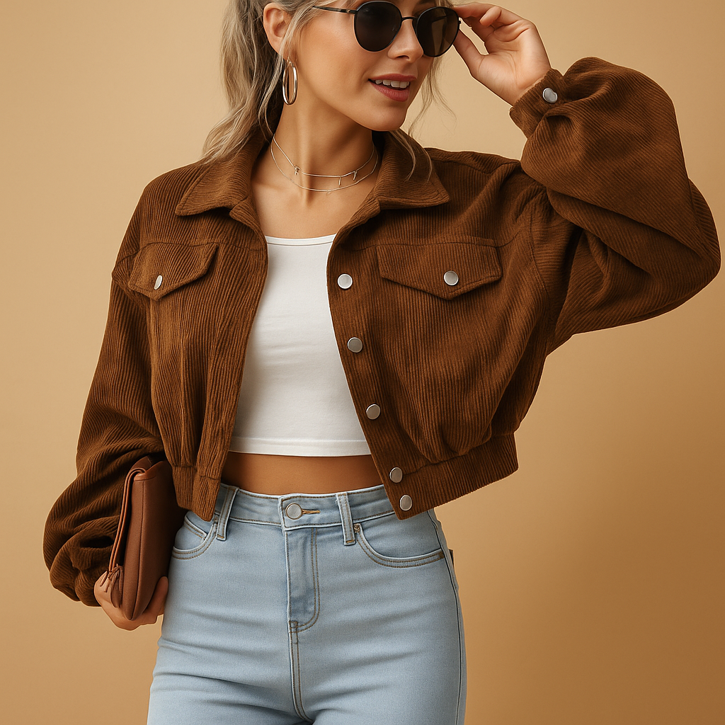 Short corduroy jacket for women with ribbed texture, silver buttons, chest pockets, and a modern silhouette, perfect for layering in any season.