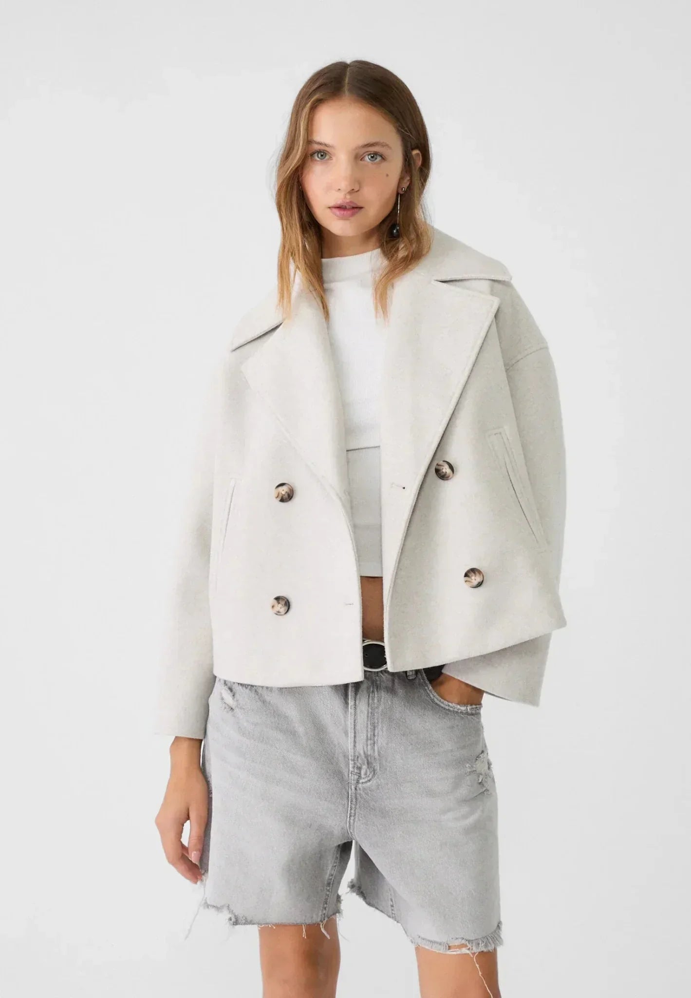 Women's Wool-Look Cropped Jacket Double-Breasted Box Fit - VibreMode
