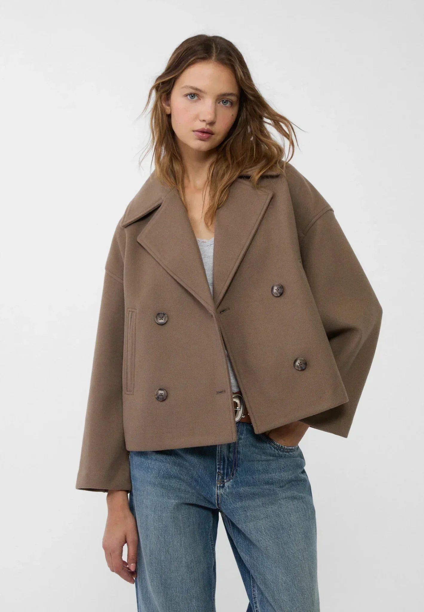 Women's Wool-Look Cropped Jacket Double-Breasted Box Fit