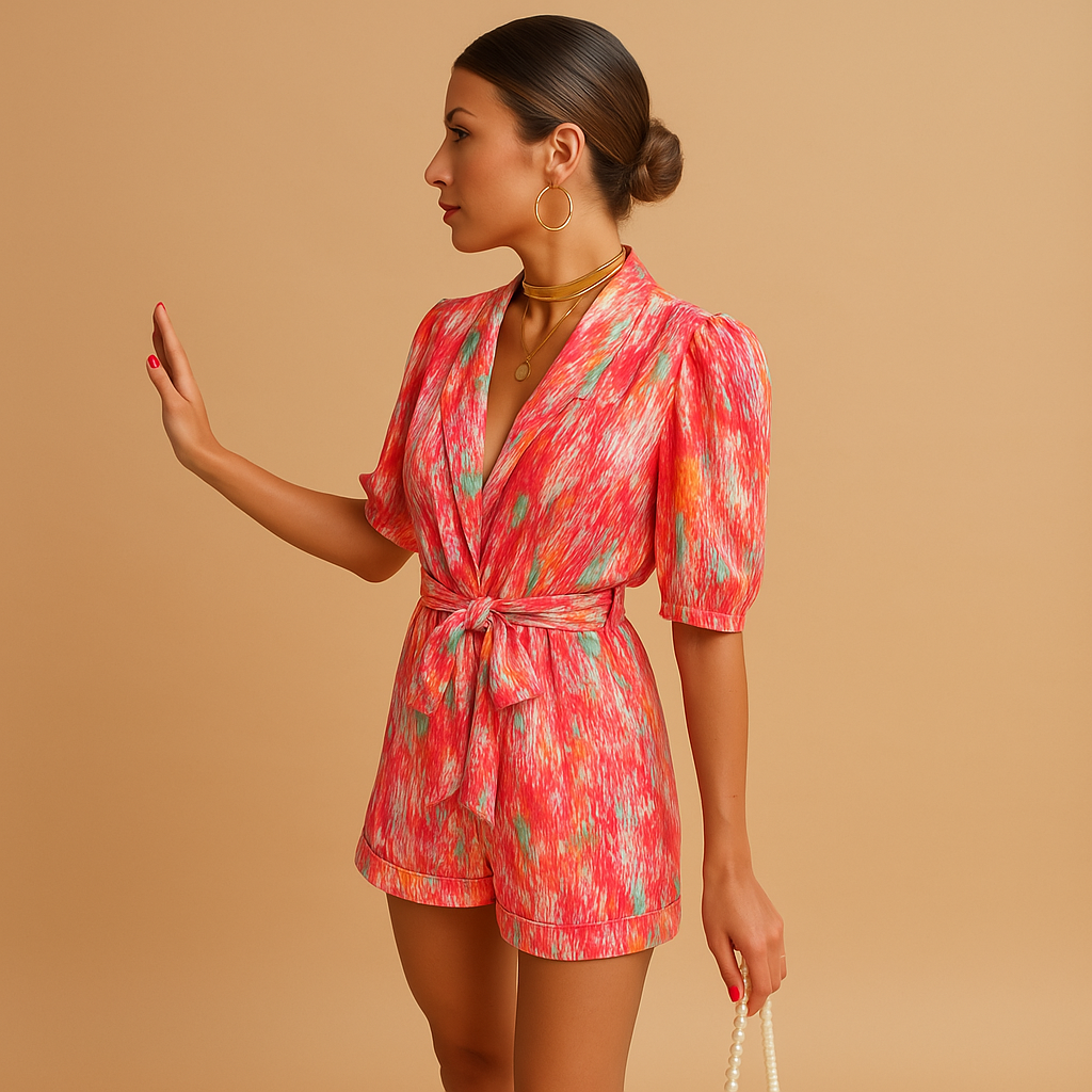 Woman wearing a short printed jumpsuit with a waist belt and airy summer design, perfect for warm days and evenings out.