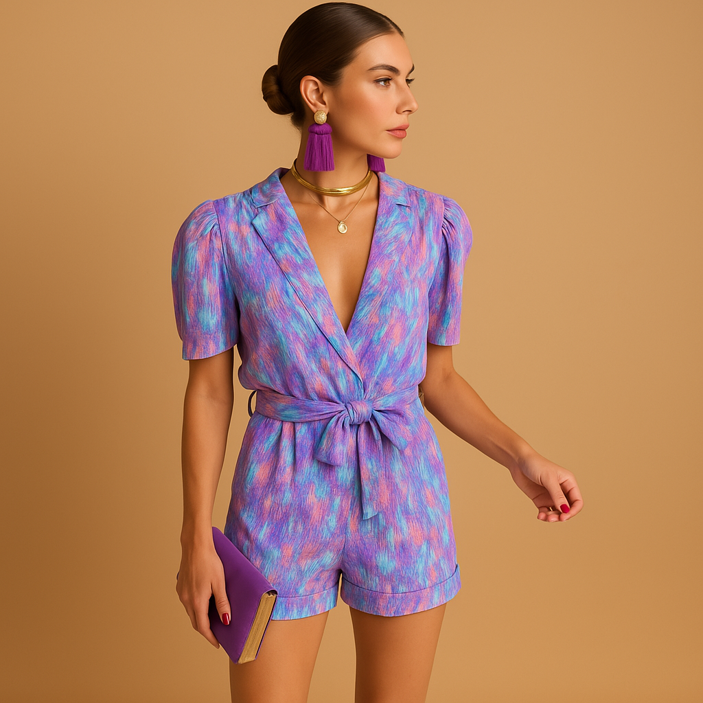 Woman wearing a short printed jumpsuit with a waist belt and airy summer design, perfect for warm days and evenings out.