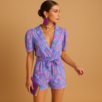 Woman wearing a short printed jumpsuit with a waist belt and airy summer design, perfect for warm days and evenings out.