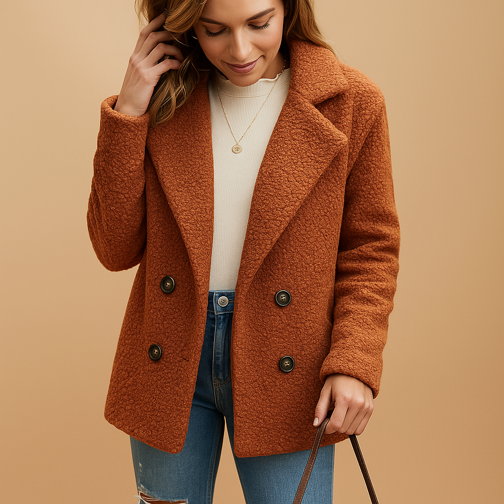 Woman wearing a short winter coat with tailored fit and button closure, perfect for daily wear and transitional seasons.