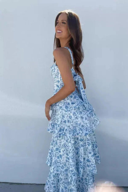 Women's Floral Maxi Dress Silver Tiered