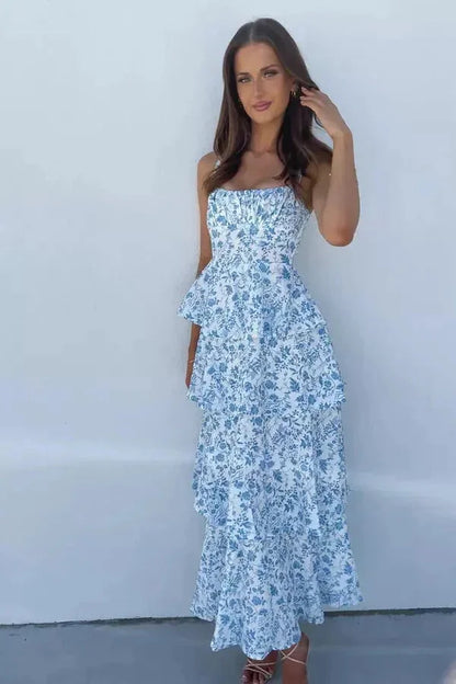 Women's Floral Maxi Dress Silver Tiered - VibreMode