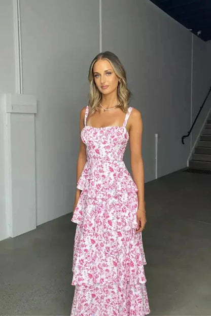 Women's Floral Maxi Dress Silver Tiered