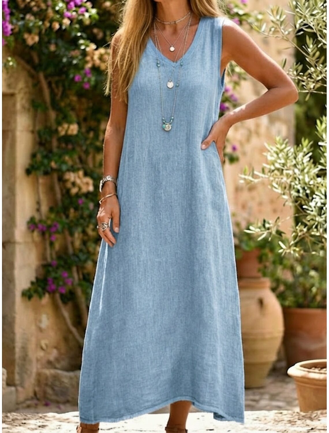 Women's Cotton Linen Sleeveless Midi Dress with Pockets
