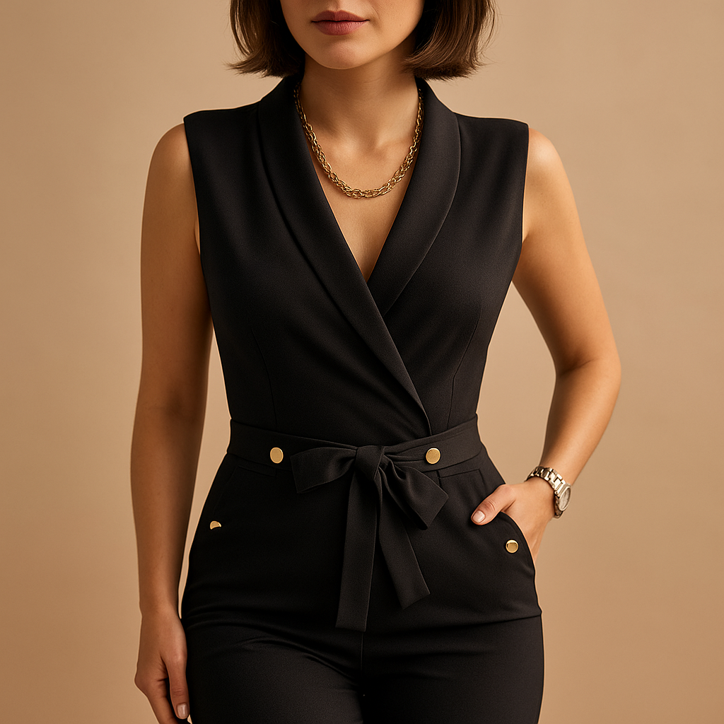 Woman wearing a sleeveless deep V-neck jumpsuit with a waist tie and flowing silhouette, perfect for parties and formal occasions.