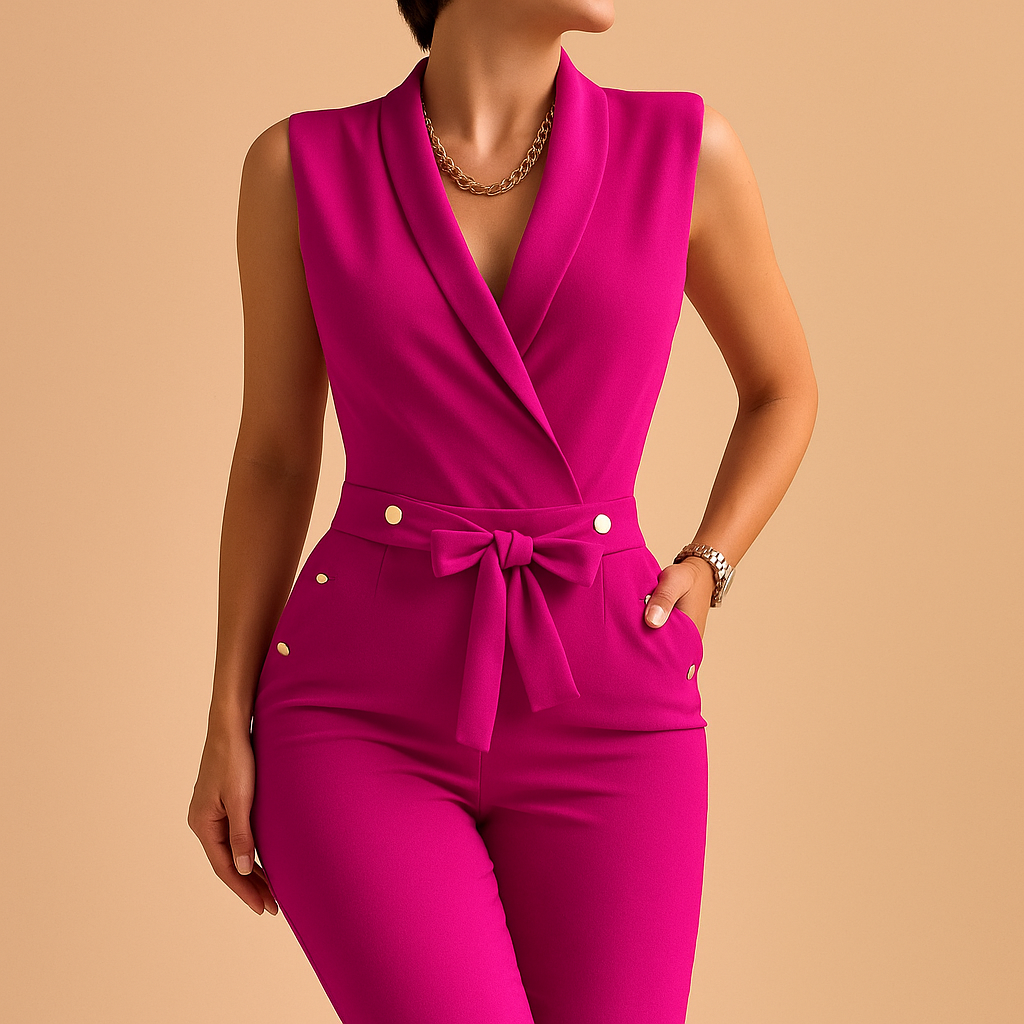 Woman wearing a sleeveless deep V-neck jumpsuit with a waist tie and flowing silhouette, perfect for parties and formal occasions.
