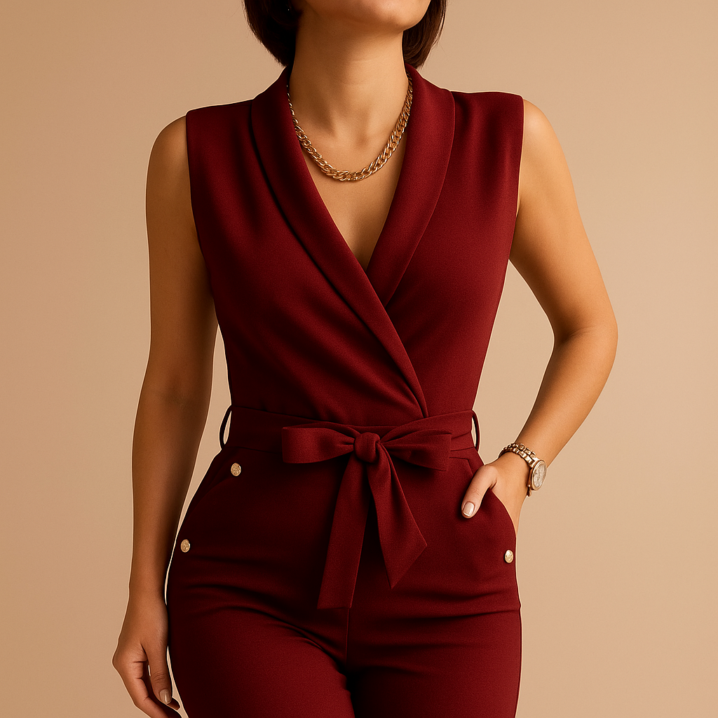 Woman wearing a sleeveless deep V-neck jumpsuit with a waist tie and flowing silhouette, perfect for parties and formal occasions.