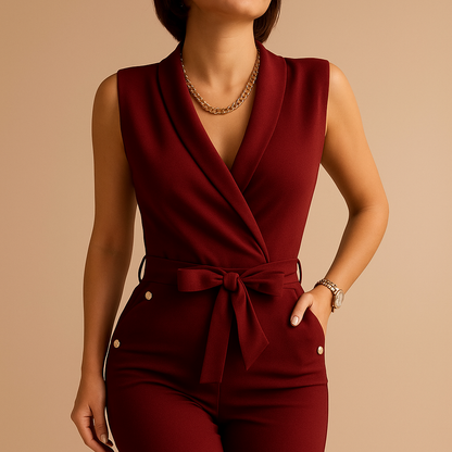 Woman wearing a sleeveless deep V-neck jumpsuit with a waist tie and flowing silhouette, perfect for parties and formal occasions.