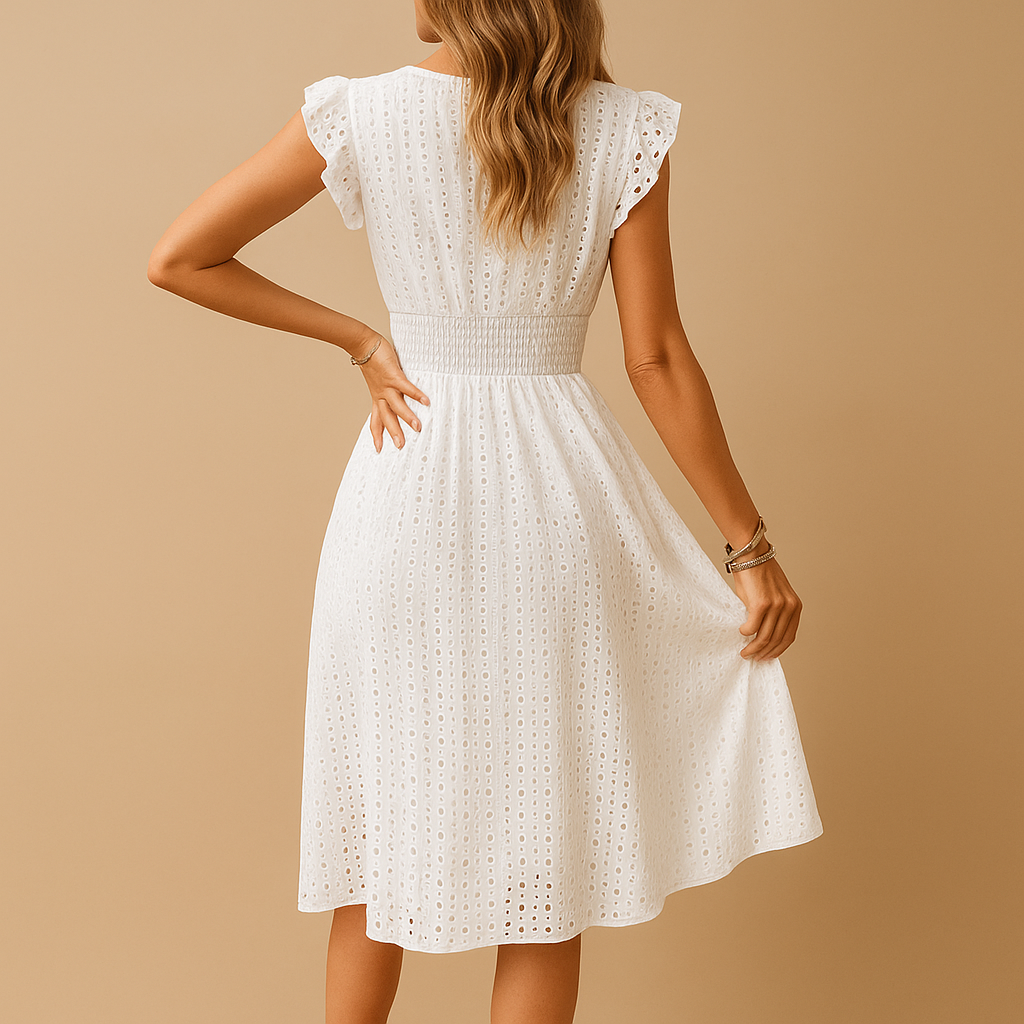Sleeveless white midi summer dress for women with breathable fabric and ruffle details, perfect for summer walks, vacations, and festive occasions.