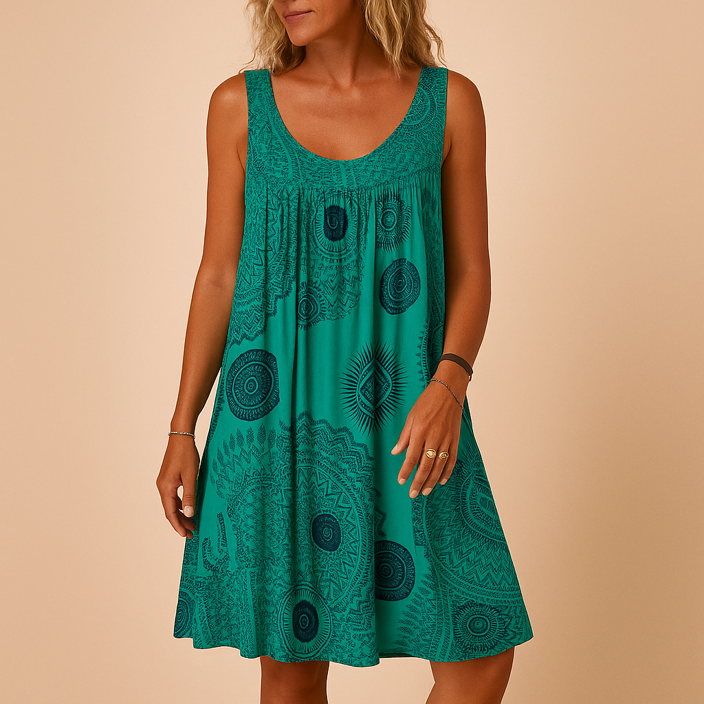 Women’s sleeveless printed summer dress with a loose fit and colorful design, perfect for holidays, outdoor events, and everyday wear.