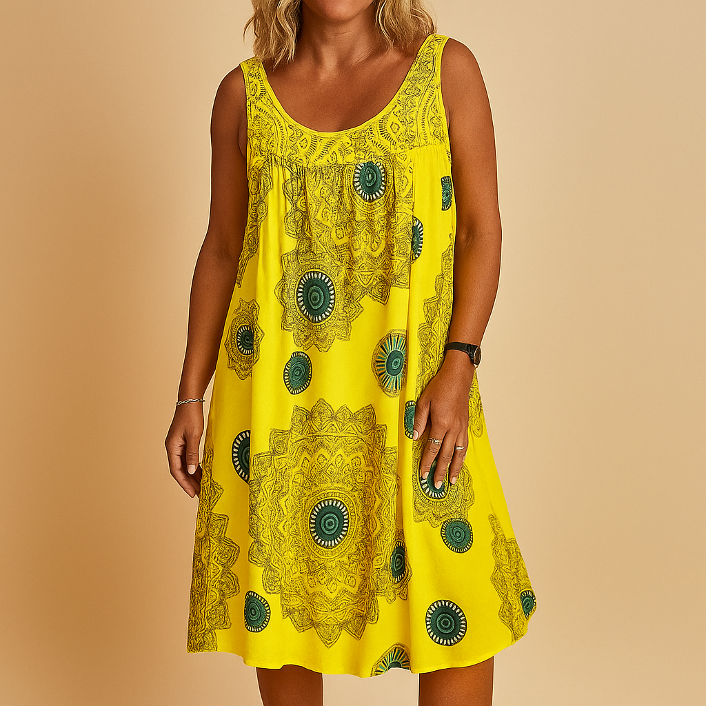 Women’s sleeveless summer dress with vibrant multicolor print and loose fit, ideal for holidays, terrace outings, and everyday warm weather wear.