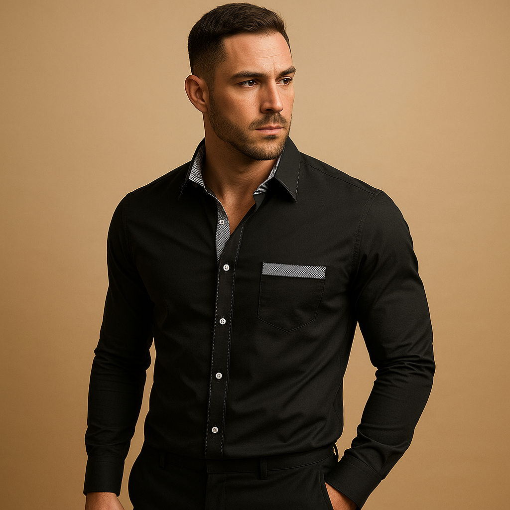 Slim fit casual button-up shirt for men with a classic collar and modern tailored look, ideal for work outfits, evening occasions, and everyday style.