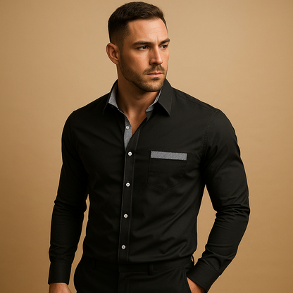 Slim fit casual button-up shirt for men with a classic collar and modern tailored look, ideal for work outfits, evening occasions, and everyday style.