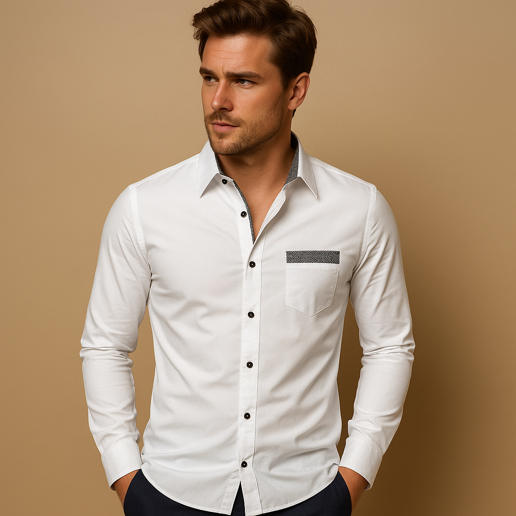 Slim fit casual button-up shirt for men with a classic collar and modern tailored look, ideal for work outfits, evening occasions, and everyday style.