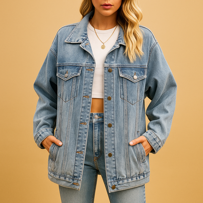 Women’s slim-fit denim winter jacket with warm lining and button closure, ideal for daily wear and winter occasions.