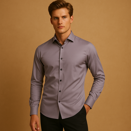 Slim fit stretch dress shirt for men with a tailored silhouette and breathable design, ideal for business meetings, smart casual outfits, and everyday style.