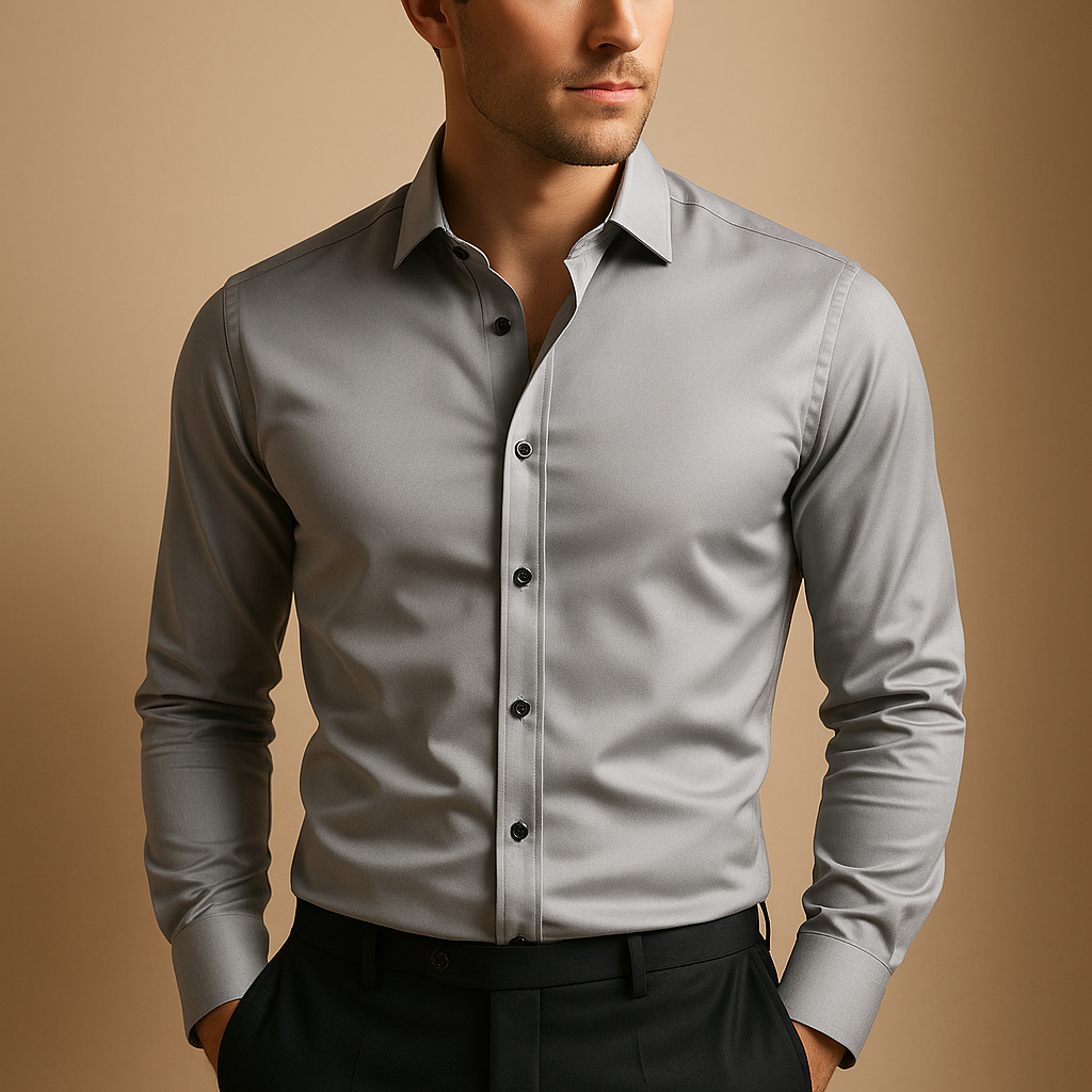 Slim fit stretch dress shirt for men with a tailored silhouette and breathable design, ideal for business meetings, smart casual outfits, and everyday style.