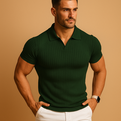 Slim fit V-neck polo shirt for men with a modern lapel collar and subtle striped detail, ideal for casual and smart-casual everyday outfits.