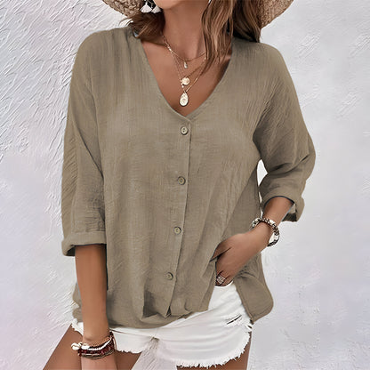 Women's V-Neck Blouse Full Button Front