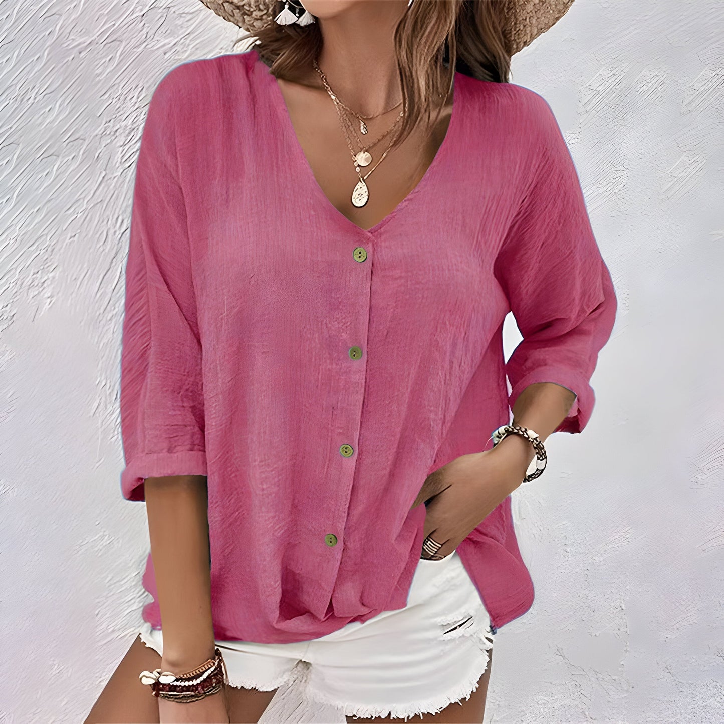 Women's V-Neck Blouse Full Button Front