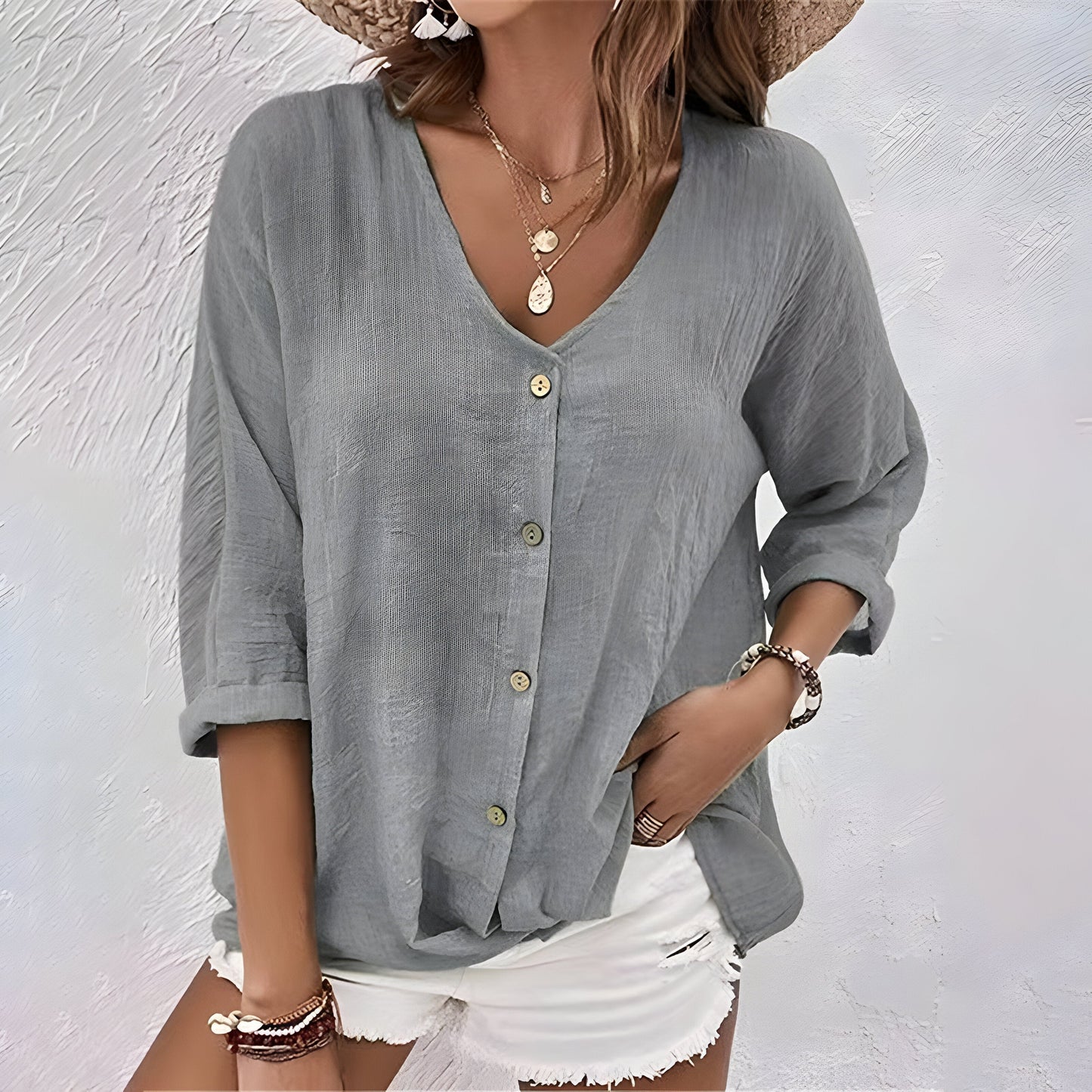 Women's V-Neck Blouse Full Button Front