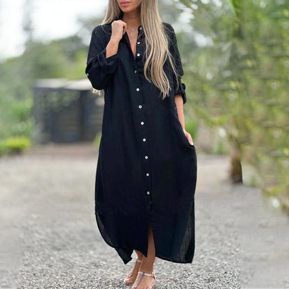 Women's Maxi Shirt Dress Cotton Button-Down