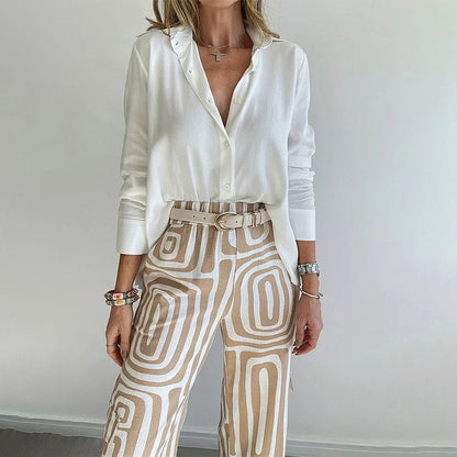 Women's Two Piece Set Button Front Shirt Straight Leg Pants