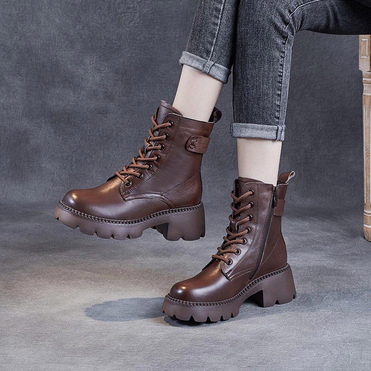 Women's Lace Up Mid Ankle Boots Chunky Sole